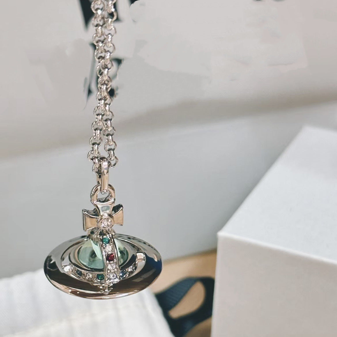 Mint Green Saturn Planet Glass Ball Pendant Necklace