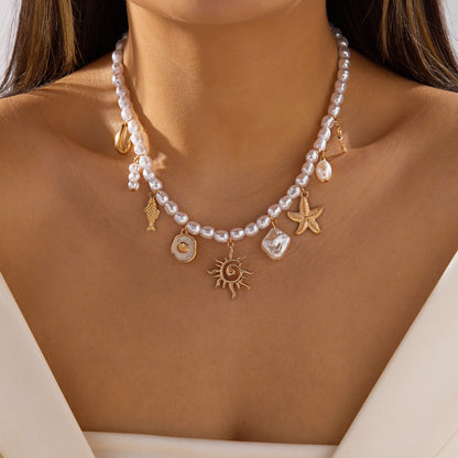 Marine vacation starfish, shells, conches, pearls, multi-layer exaggerated, multi-layer stacked pearls