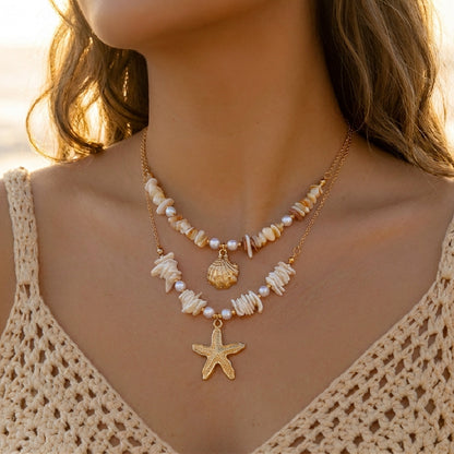 Marine vacation starfish, shells, conches, pearls, multi-layer exaggerated, multi-layer stacked pearls