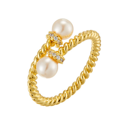 Cross-patterned glass pearl open ring, elegant commuter layering jewelry, adjustable ring, women's index finger ring