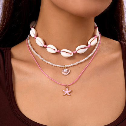 Marine vacation starfish, shells, conches, pearls, multi-layer exaggerated, multi-layer stacked pearls