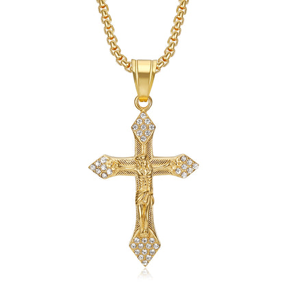A popular  hip-hop accessory from Europe and America, a titanium steel gold-plated and diamond-encrusted YS cross pendant necklace