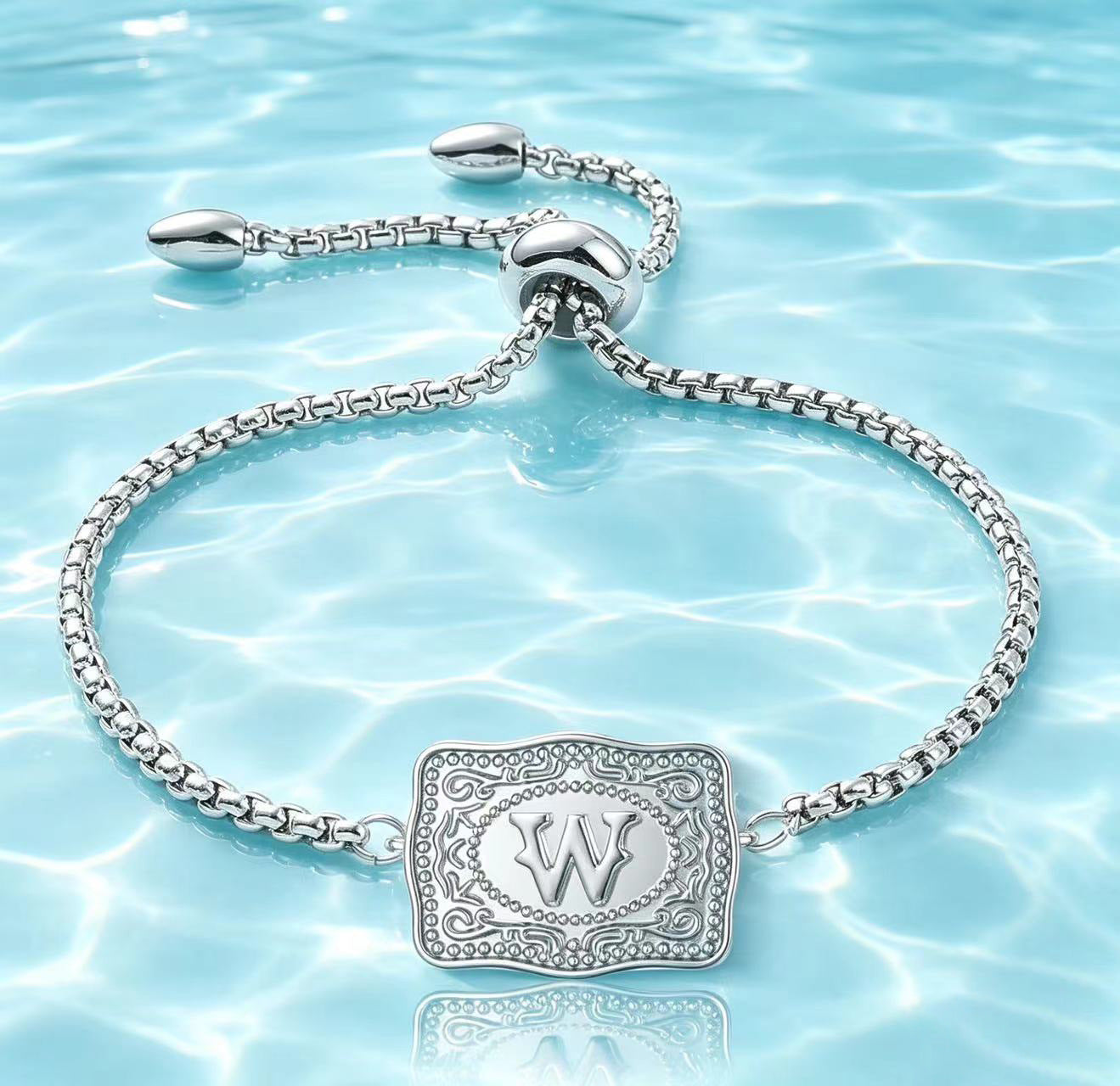 18K Lettered Embossed Fine Chain Bracelet