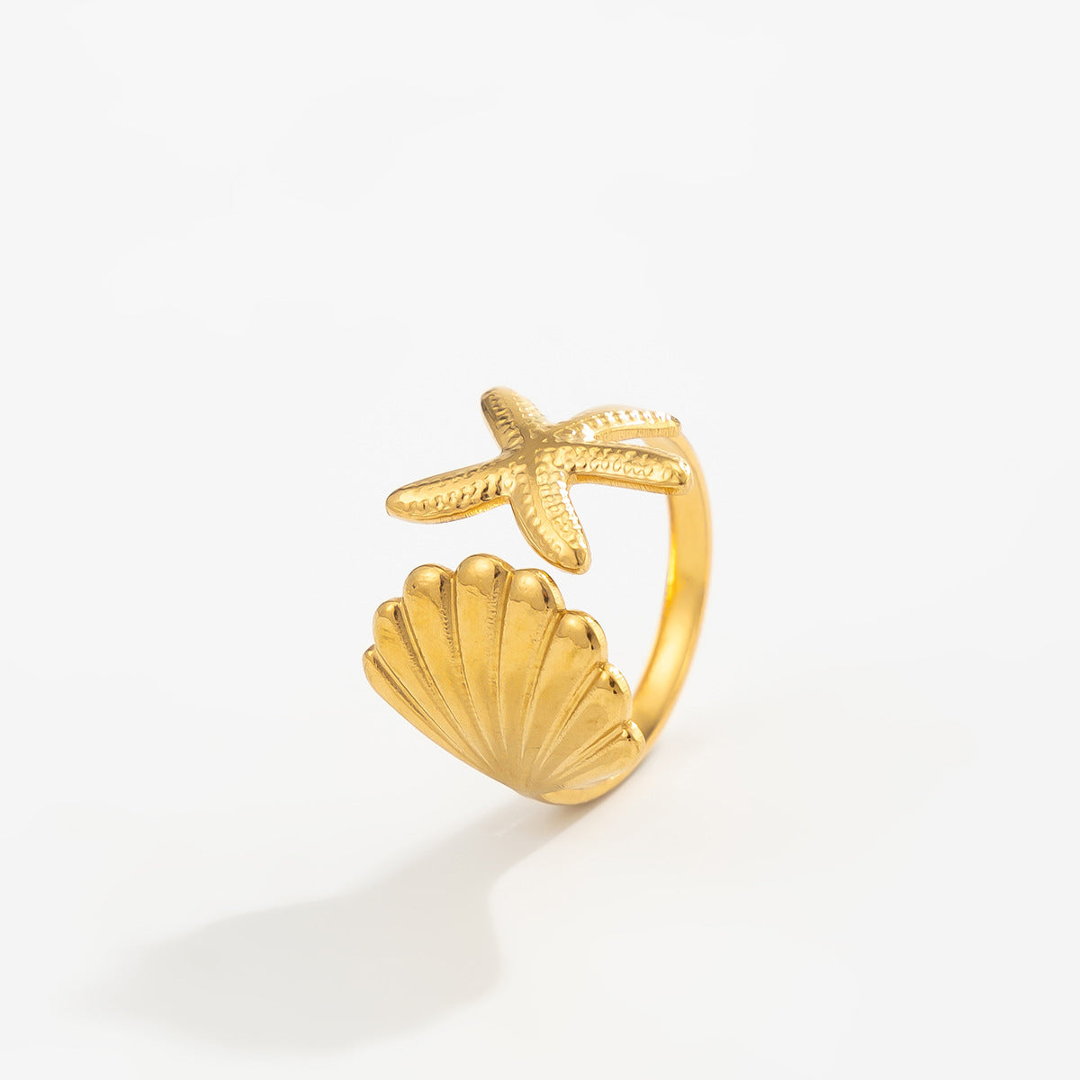 Ocean-style starfish and conch ring, women's vacation-style flower ring
