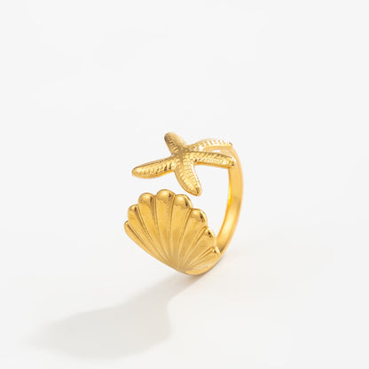 Ocean-style starfish and conch ring, women's vacation-style flower ring