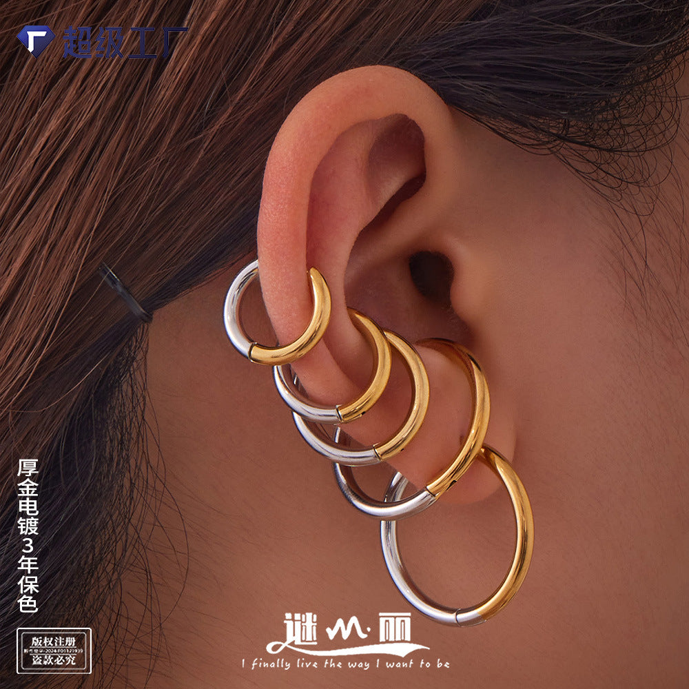 Mysterious minimalist style color-blocked circle ear loops, versatile plain circle earrings PVD