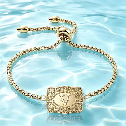 18K Lettered Embossed Fine Chain Bracelet