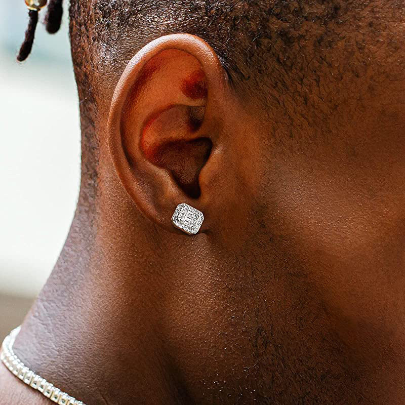 Men's ear studs set with square silver ear rings s925 silver ear stud silver jewelry