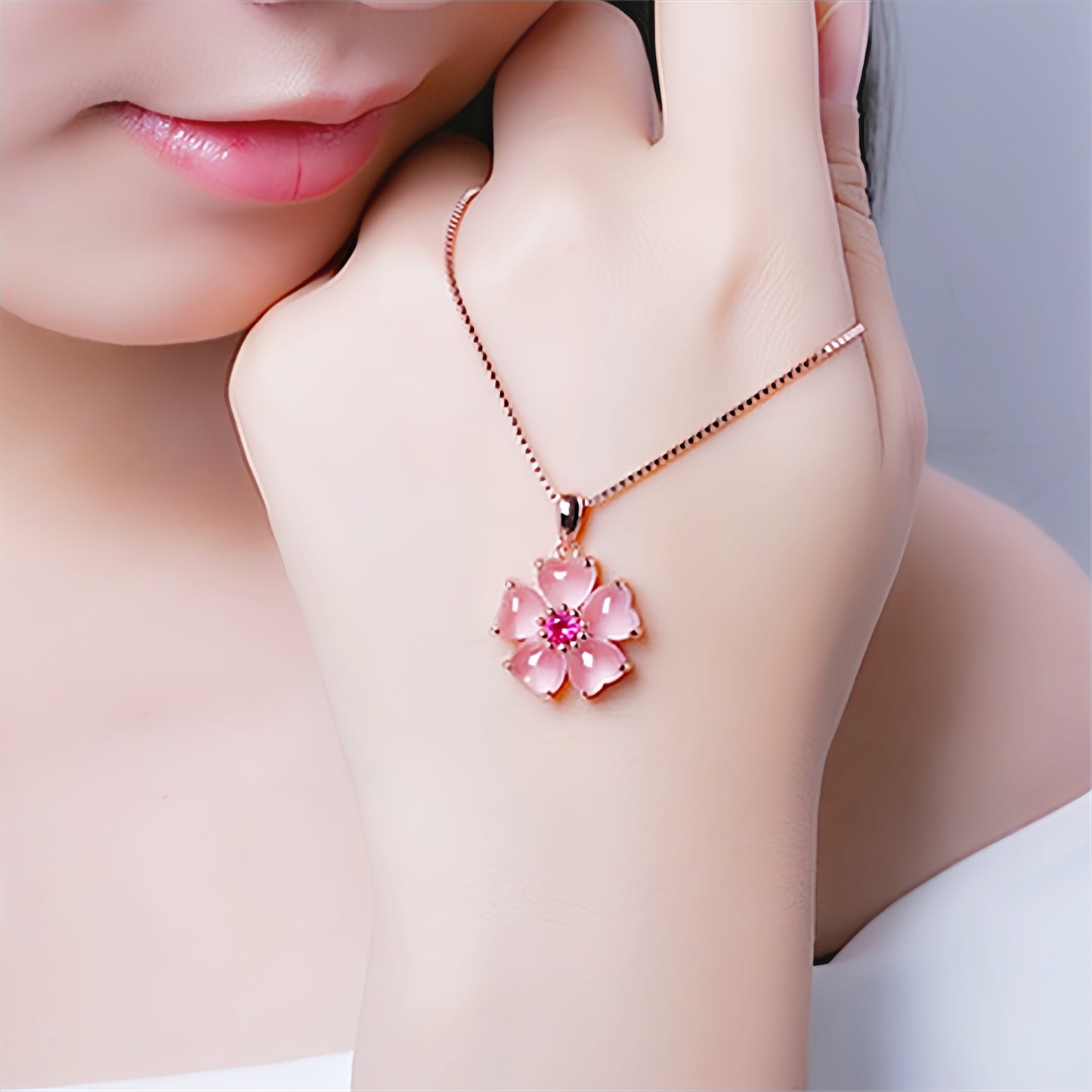 Peach Blossom Heart Crystal Pendant Necklace