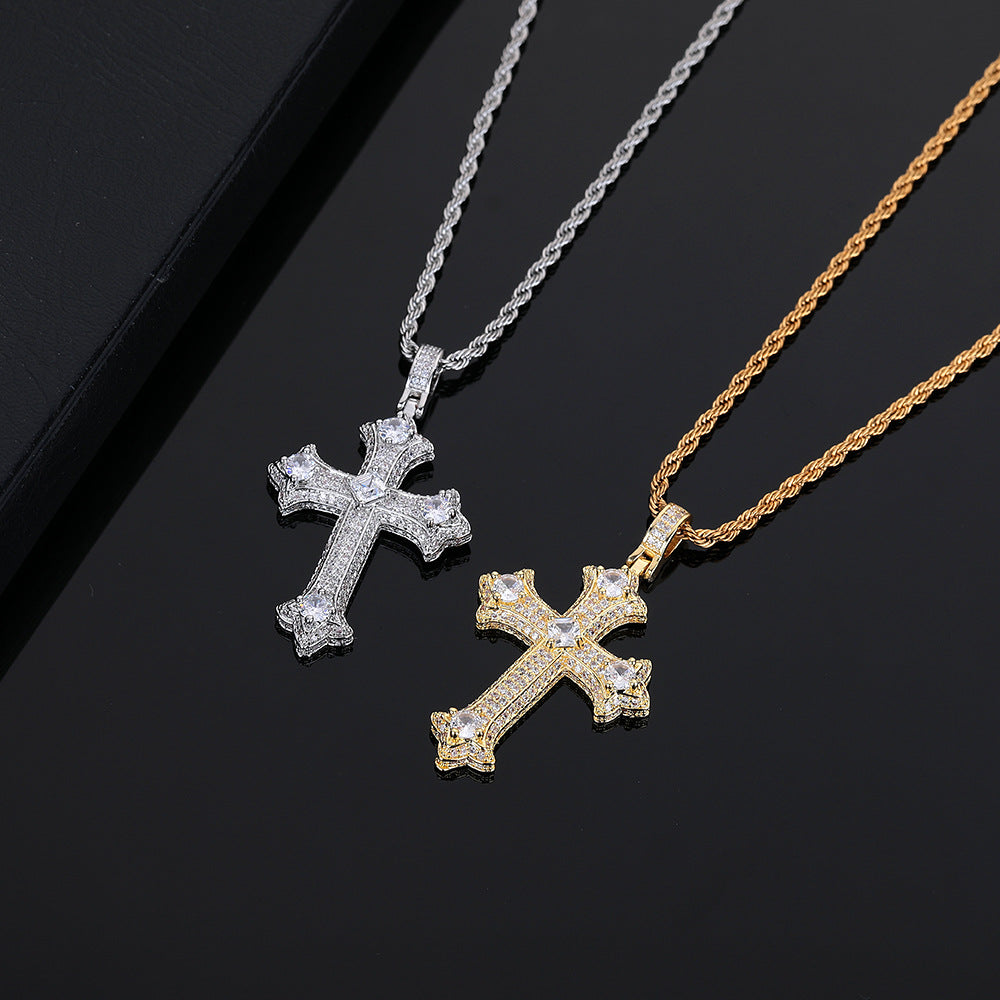 European and American hip-hop accessories, cross pendant, copper inlaid zircon necklace, alternative and personalized accessories, versatile
