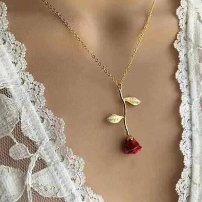Elegant Red Rose Pendant Necklace
