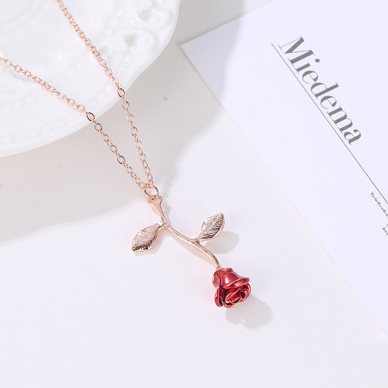Elegant Red Rose Pendant Necklace