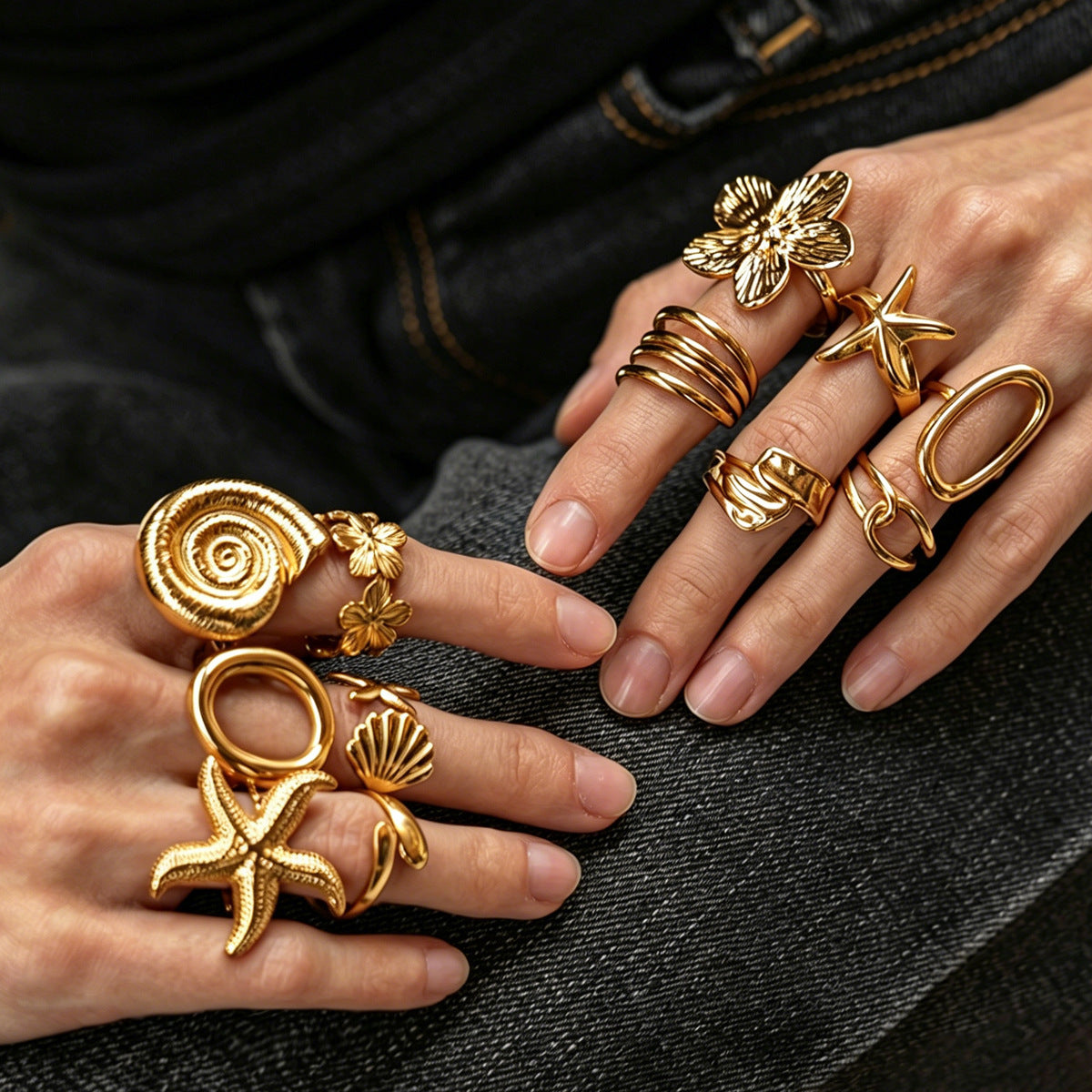 Ocean-style starfish and conch ring, women's vacation-style flower ring