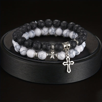 TUME8mm high-quality volcanic  cross bracelet Couple  bracelet
